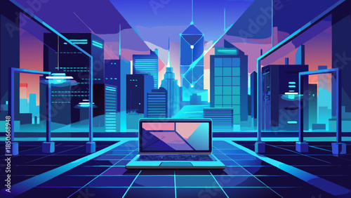 Virtual cityscape on laptop screen