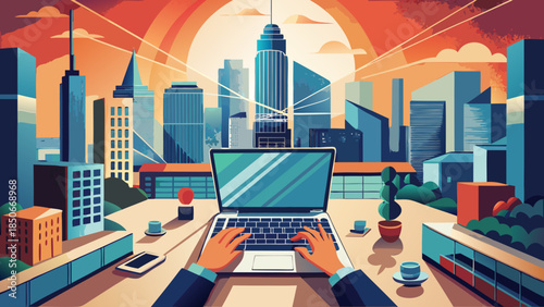 Virtual cityscape on laptop screen