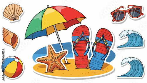Summer Beach Vacation Scene with Flip-Flops and Umbrella.
