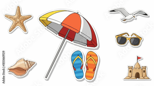 Beach Vacation Essentials Collection With Umbrella Seashell Starfish Sunglasses Flip Flops And Sandcastle.