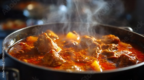 Close-up of a flavorful spicy chicken curry simmering in a kitchen pot.