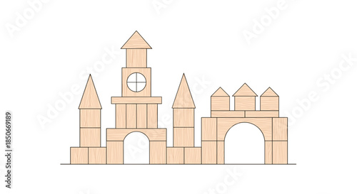 Creative wooden building blocks set arranged into a toy castle with towers and arches isolated on white background for kids play.