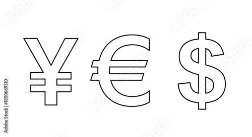 Outline icons of Yen, Euro, and Dollar currency symbols arranged horizontally isolated on white background for finance and economy.