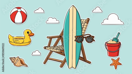 Beach chair surfboard and accessories for a perfect day at the beach.
