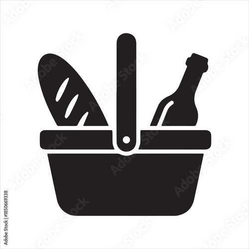 Picnic basket icon filled with bread and wine