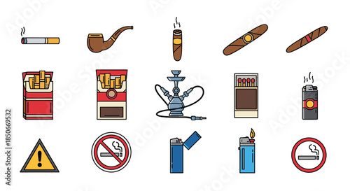 Comprehensive set of smoking related icons featuring cigarettes, pipes, cigars, lighters, and warning signs isolated on white.