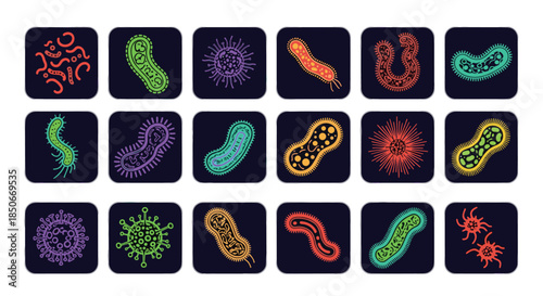 Grid of vibrant virus and bacteria icons in various shapes and colors set against dark rounded square backgrounds for science topics.