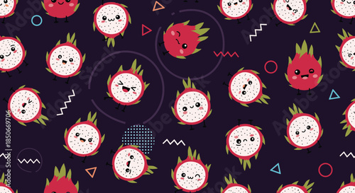 Cute dragon fruit pattern with smiling characters and geometric shapes on a dark purple background for wallpaper and fabric.