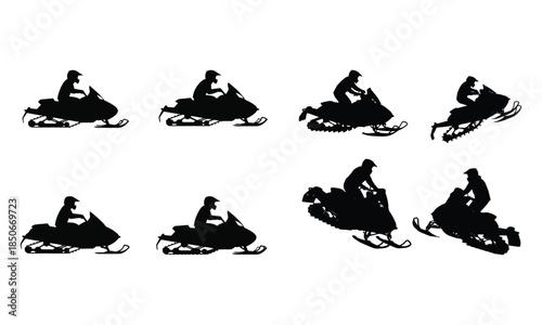 Silhouettes of snowmobiles and riders in action