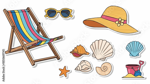 Colorful Beach Chair Sunglasses Hat Seashells and Sand Bucket Illustration.