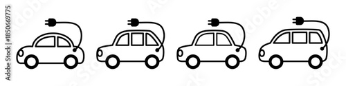 コンセントが強調されたかわいい横向きの電気自動車のアイコンセット　ベクターイラスト