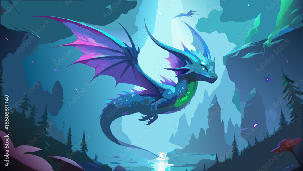 Obraz premium Mystical dragon soaring in frozen landscape