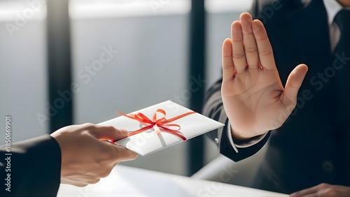 Businessman refuses gift envelope hand gesture concept corruption bribery