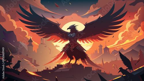 Mythical phoenix soaring over city ruins