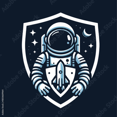 Astronaut holding a rocket shield in space emblem.