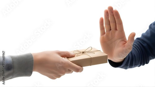 Person rejecting gift gesture hand close up isolated