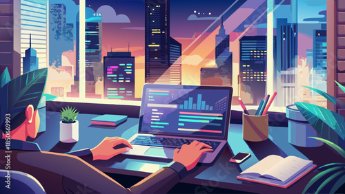 Modern office workspace with city view