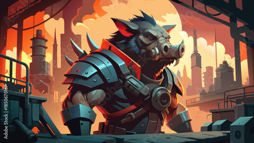 Armored boar in industrial landscape