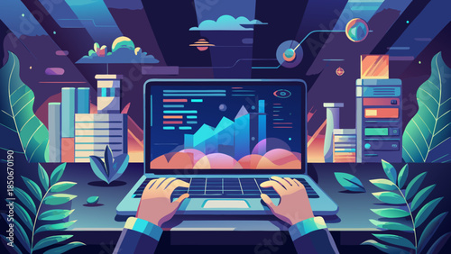 Analyzing data on a futuristic laptop