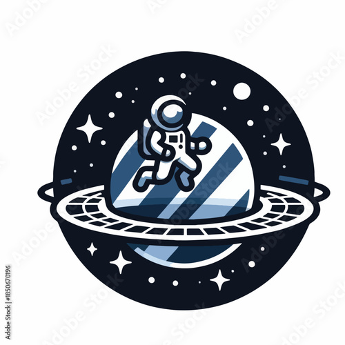 Astronaut walking on a striped planet with rings in a starry space.