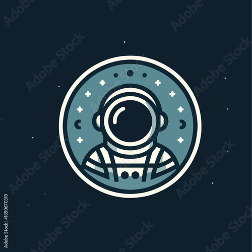 Minimalist astronaut portrait in a circular emblem logo.