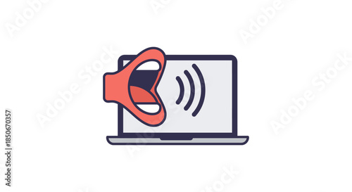 voice search optimization icon showing loudspeaker and sound waves on laptop screen digital marketing and online advertising concept