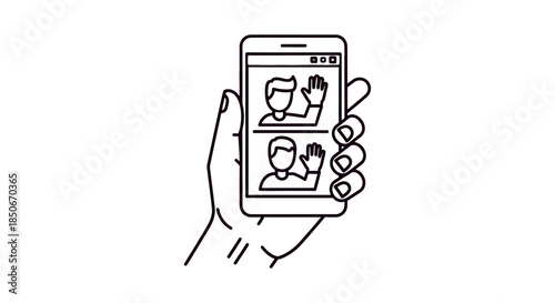 video call on smartphone with two people waving hand holding mobile screen simple line icon for online meeting and remote communication