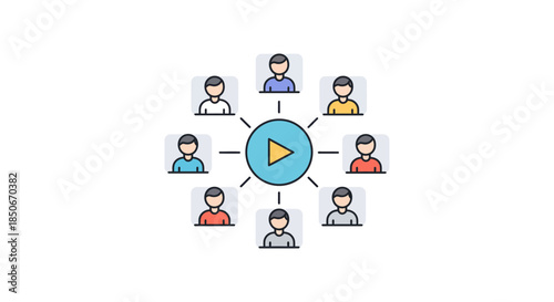 video conference meeting concept with diverse remote team avatars connected around play button icon illustrating online communication