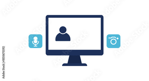 video conferencing icon on computer monitor with user avatar microphone and camera symbols simple flat design for remote meetings