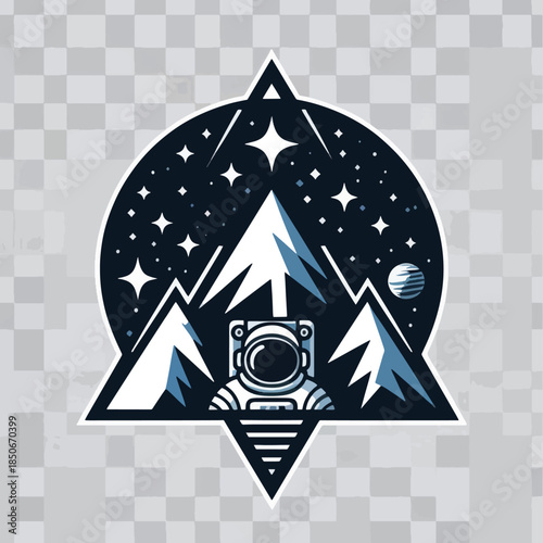 Stylized astronaut emblem with cosmic mountains and stars.
