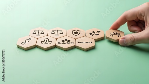 A hand arranging wooden hexagonal tiles with various symbols on a green background