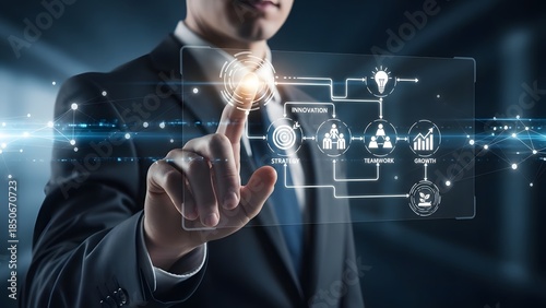 Businessman interacting with a futuristic digital interface in a dark background