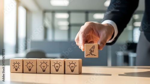 Businessman building a concept of ideas and innovation with wooden blocks