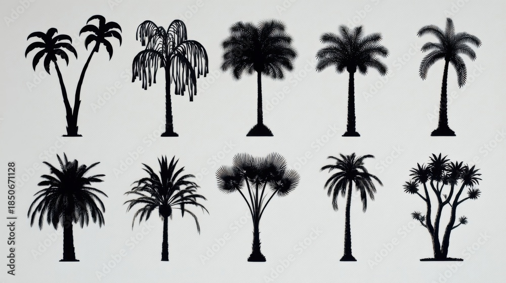 Naklejka premium Ten black silhouettes of various palm trees arranged in a grid, showcasing distinct shapes including date, willow,
