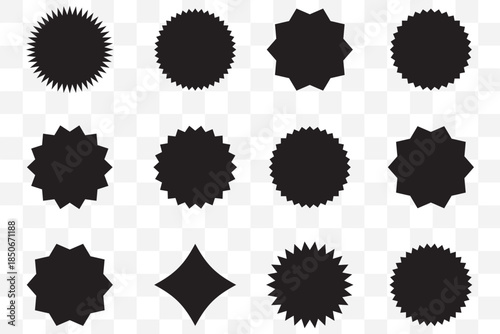 Set of circles with zigzag edges, Sunburst sticker shapes, Rounded starburst zigzag badge, spiky oval, circle and star shaped price tag, discount and sale label stickers, sale badge offer promo tag
