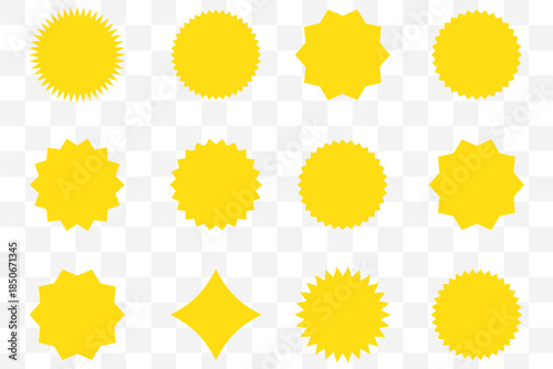 Set of circles with zigzag edges, Sunburst sticker shapes, Rounded starburst zigzag badge, spiky oval, circle and star shaped price tag, discount and sale label stickers, sale badge offer promo tag