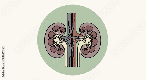 Illustration of a human kidney anatomy with ureters and blood vessels on a green background.