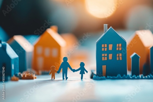 Paper family figures walking in front of miniature houses