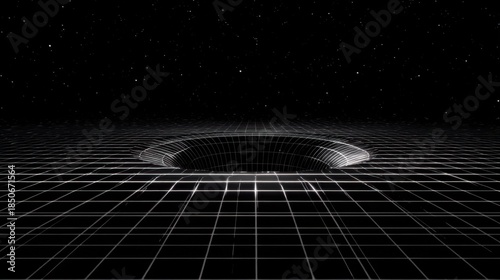 3D Representation of Black Hole in Space with Grid and Starry Background Illustrating Cosmic Phenomenon and Gravitational Effects
