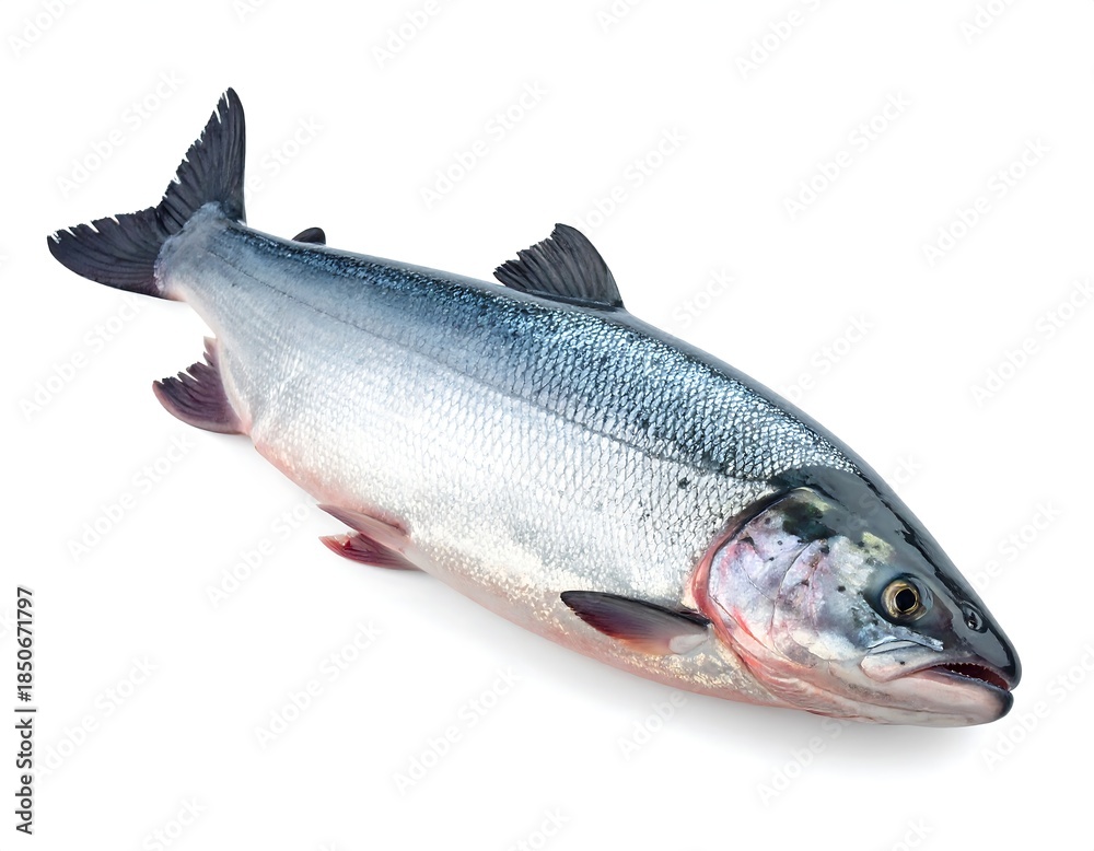Obraz premium Close-up of a whole silvery fish isolated on a stark white background