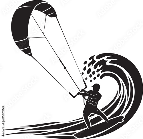 Dynamic black silhouette vector of a kiteboarder carving through a massive, splashing ocean wave. This high-action extreme sports graphic is perfect for surf branding, beach apparel, adventure logos.