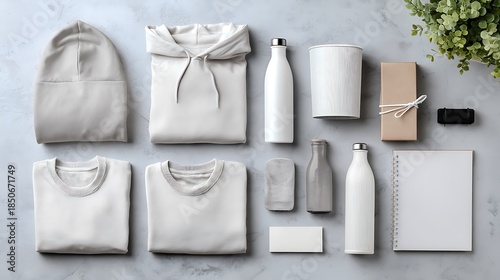 Company prepares promotional items, swag kit, branded merchandise for event. Corporate gifts, custom apparel, product, logotype, item, caterer concept on light gray table with.