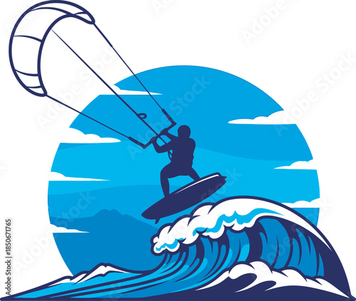 Vibrant blue vector of a kiteboarder jumping off a cresting ocean wave against a sunset sun. This dynamic extreme sports illustration is perfect for surf branding, travel posters, and coastal apparel.