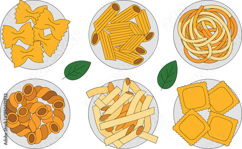 Flat Vector Illustration of Various Italian Pasta Types Including Farfalle Penne Fusilli and Ravioli