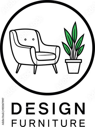 Minimalist Furniture Design Logo Featuring Modern Armchair and Potted Plant in Circular Frame