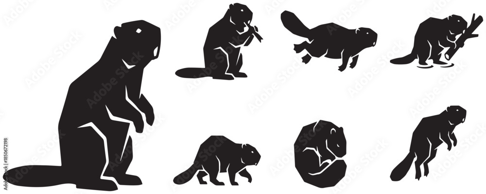 Fototapeta premium Collection of black silhouette illustrations of beavers in various poses and activities.