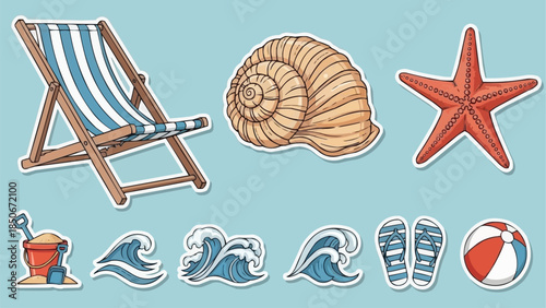Beach Vacation Summer Objects Collection Deck Chair Seashell Starfish.