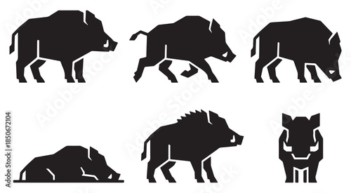 Collection of stylized black silhouettes of wild boars in various poses, isolated on a white background.