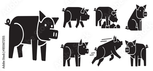 Collection of stylized black pig icons in various poses and actions, representing farm animals and farm life.