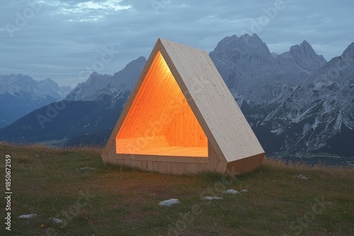 Wooden A-frame shelter glowing warmly in mountain landscape at dusk